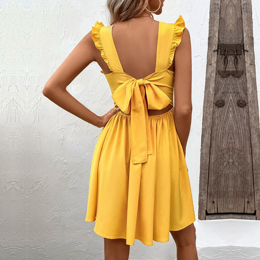 ZARA Summer Sexy Backless Waist Cinching Flared Sleeveless Beach Dress